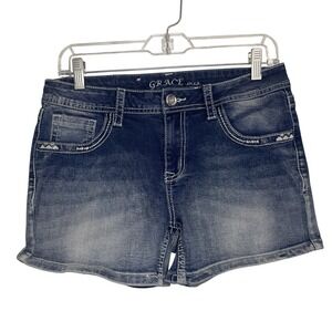 Grace in LA Womens Embroidered Rhinestone Denim Shorts Blue Size 9 29 Western